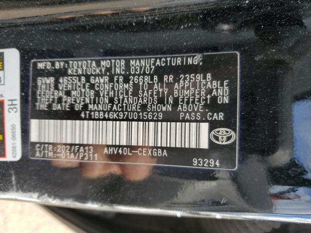 4T1BB46K97U015629 - 2007 TOYOTA CAMRY HYBRID BLACK photo 12