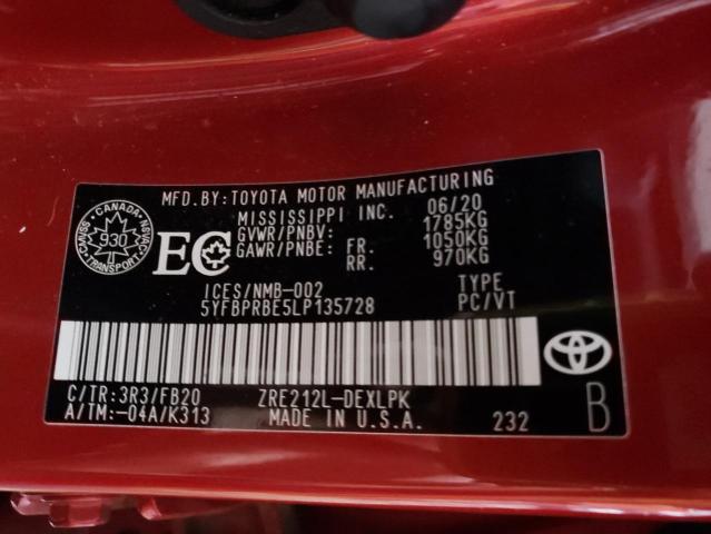 5YFBPRBE5LP135728 - 2020 TOYOTA COROLLA LE RED photo 12