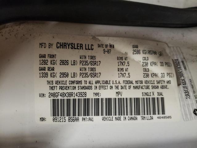 2A8GF48X38R143928 - 2008 CHRYSLER PACIFICA LX WHITE photo 13