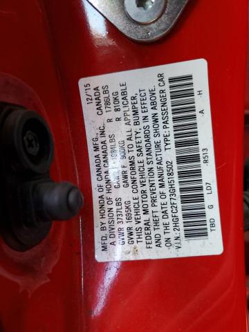 2HGFC2F73GH518502 - 2016 HONDA CIVIC EX RED photo 13