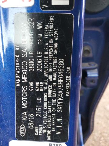 3KPFK4A78HE046380 - 2017 KIA FORTE LX BLUE photo 12