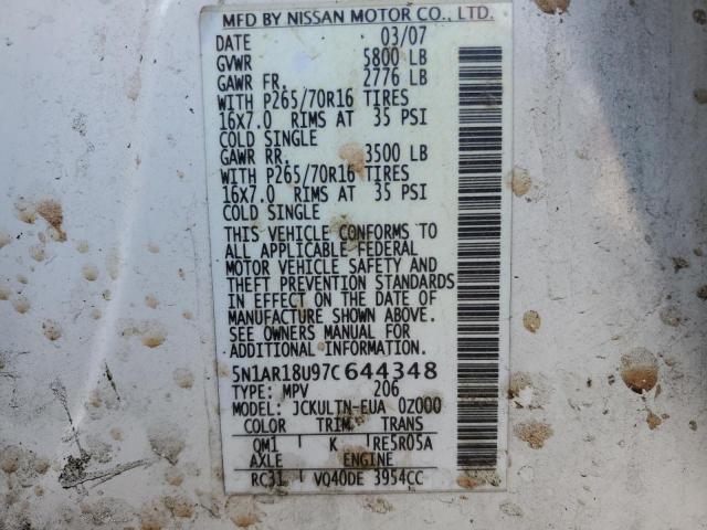 5N1AR18U97C644348 - 2007 NISSAN PATHFINDER LE თეთრი ფოტო 14