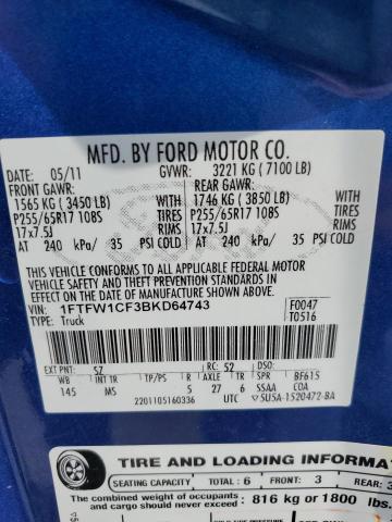 1FTFW1CF3BKD64743 - 2011 FORD F150 SUPERCREW BLUE photo 12