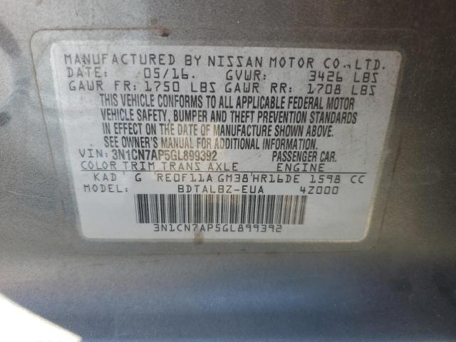 3N1CN7AP5GL899392 - 2016 NISSAN VERSA S GRAY photo 12