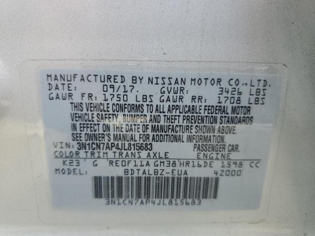 3N1CN7AP4JL815683 - 2018 NISSAN VERSA S SILVER photo 12