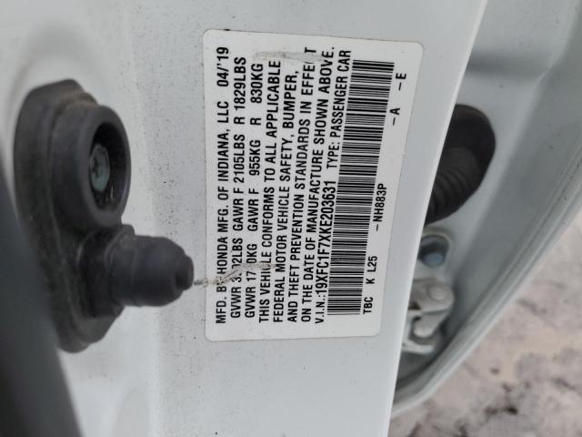 19XFC1F7XKE203631 - 2019 HONDA CIVIC EXL თეთრი ფოტო 12