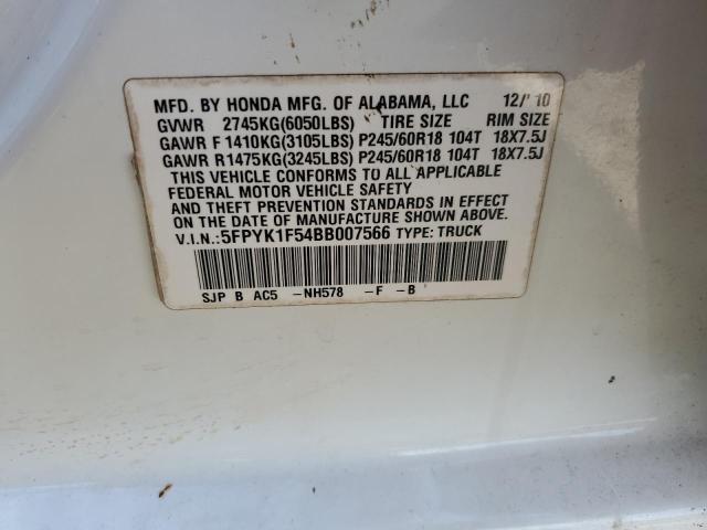 5FPYK1F54BB007566 - 2011 HONDA RIDGELINE RTL WHITE photo 12