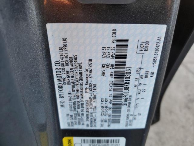 3FA6P0LU8KR103051 - 2019 FORD FUSION SE GRAY photo 12