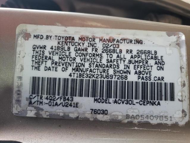 4T1BE32K23U697268 - 2003 TOYOTA CAMRY LE BEIGE photo 12