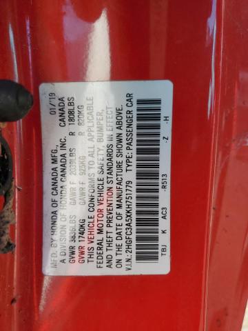 2HGFC3A5XKH751779 - 2019 HONDA CIVIC SI RED photo 12