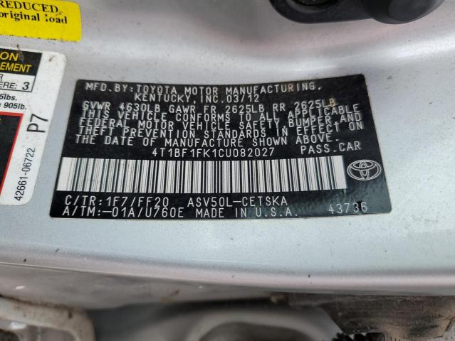 4T1BF1FK1CU082027 - 2012 TOYOTA CAMRY BASE SILVER photo 12