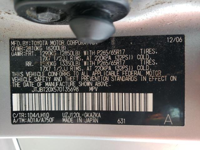 JTJBT20X570135698 - 2007 LEXUS GX 470 SILVER photo 14