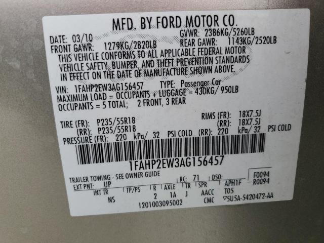 1FAHP2EW3AG156457 - 2010 FORD TAURUS SEL BEIGE photo 12