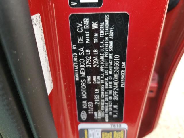 3KPF24AD7ME306610 - 2021 KIA FORTE FE RED photo 13