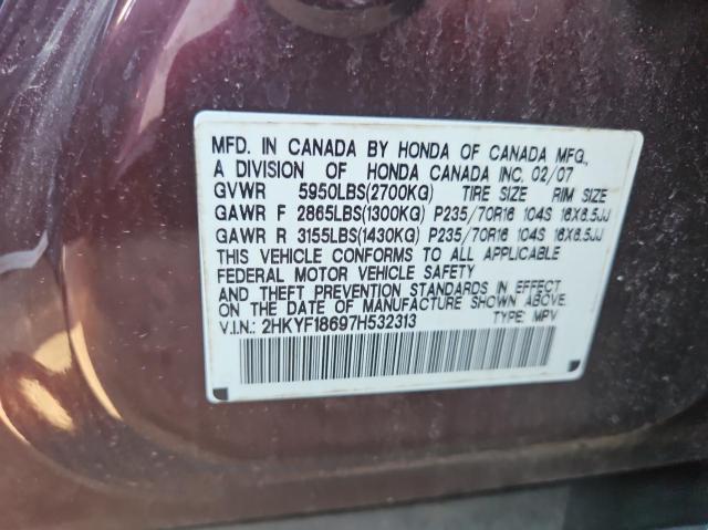 2HKYF18697H532313 - 2007 HONDA PILOT EXL MAROON photo 10
