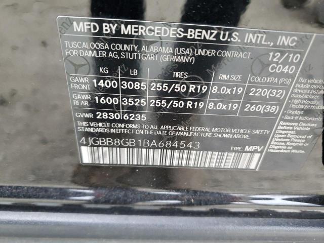 4JGBB8GB1BA684543 - 2011 MERCEDES-BENZ ML 350 4MATIC BLACK photo 13