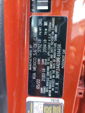 3KPF24AD3NE494494 - 2022 KIA FORTE FE ORANGE photo 12