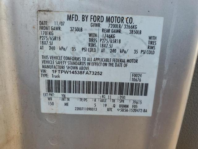 1FTPW14538FA73252 - 2008 FORD F150 SUPERCREW SILVER photo 12