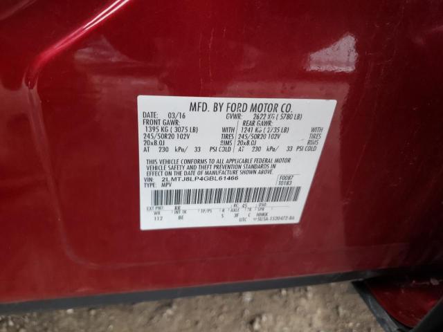 2LMTJ8LP4GBL61466 - 2016 LINCOLN MKX RESERVE წითელი ფოტო 12