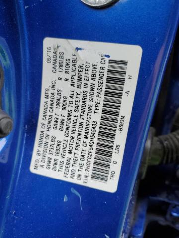 2HGFC2F54GH545433 - 2016 HONDA CIVIC LX BLUE photo 12