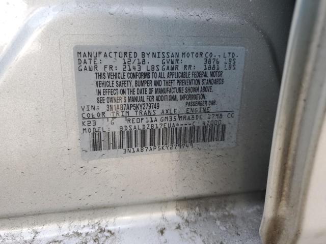 3N1AB7AP5KY279749 - 2019 NISSAN SENTRA S SILVER photo 12