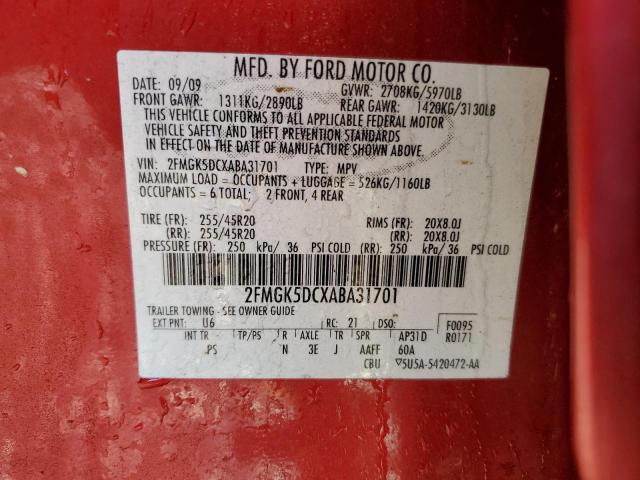 2FMGK5DCXABA31701 - 2010 FORD FLEX LIMITED RED photo 13