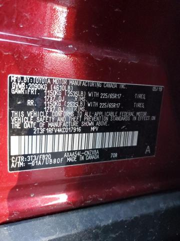 2T3F1RFV4KC017916 - 2019 TOYOTA RAV4 LE RED photo 12