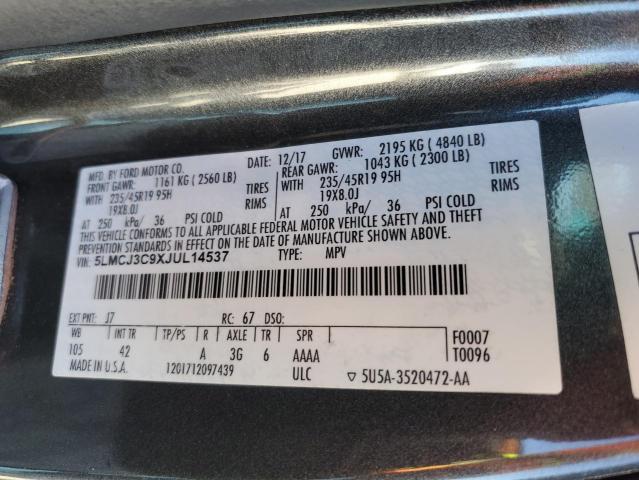 5LMCJ3C9XJUL14537 - 2018 LINCOLN MKC RESERVE ნაცრისფერი ფოტო 14