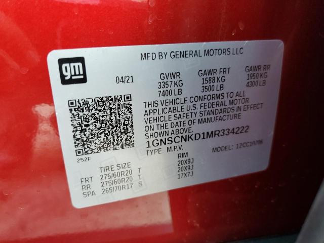 1GNSCNKD1MR334222 - 2021 CHEVROLET TAHOE C1500 LT RED photo 13