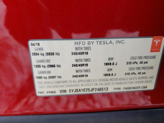 5YJSA1E25JF248513 - 2018 TESLA MODEL S 红色 照片 12
