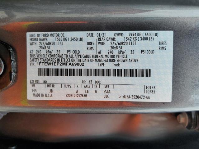 1FTEW1EP2MFA69002 - 2021 FORD F150 SUPER GRAY photo 12