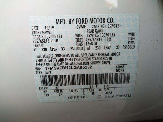 1FMSK7BH2LGA95232 - 2020 FORD EXPLORER WHITE photo 10