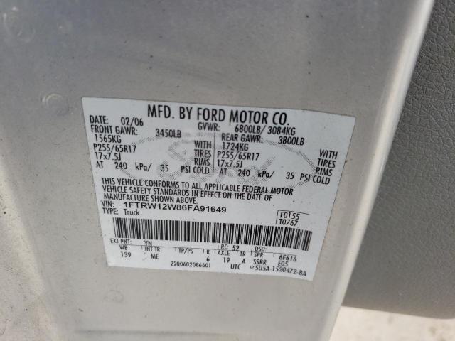 1FTRW12W86FA91649 - 2006 FORD F150 SUPERCREW SILVER photo 12