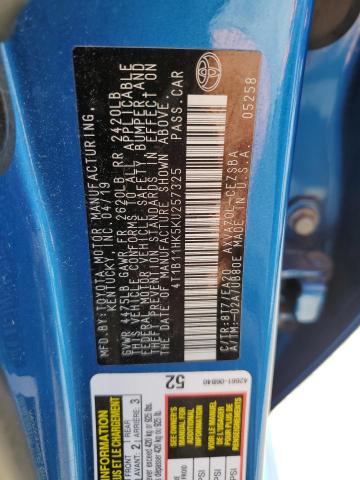 4T1B11HK5KU257325 - 2019 TOYOTA CAMRY L BLUE photo 12