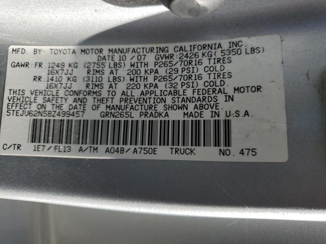 5TEJU62N58Z499457 - 2008 TOYOTA TACOMA DOUBLE CAB PRERUNNER SILVER photo 12