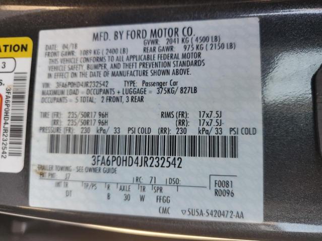 3FA6P0HD4JR232542 - 2018 FORD FUSION SE GRAY photo 12