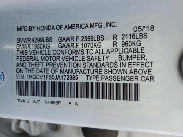 1HGCV1F50JA172985 - 2018 HONDA ACCORD EXL WHITE photo 12