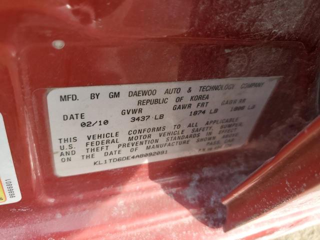 KL1TD6DE4AB092091 - 2010 CHEVROLET AVEO LS 红色 照片 12
