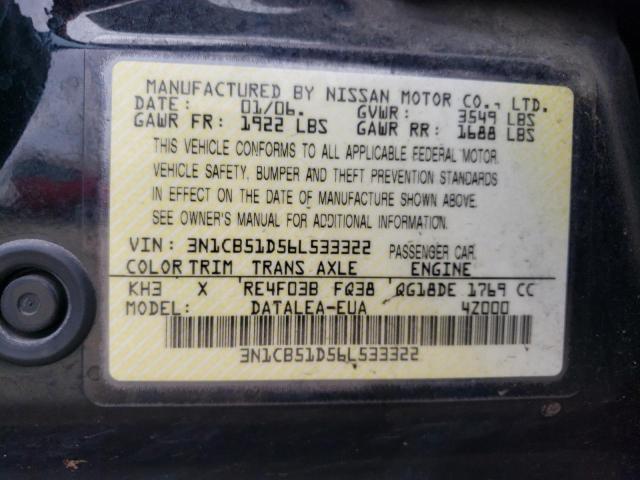 3N1CB51D56L533322 - 2006 NISSAN SENTRA 1.8 BLACK photo 12