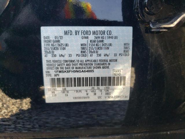 1FMSK8FH9NGA64885 - 2022 FORD EXPLORER LIMITED BLACK photo 13