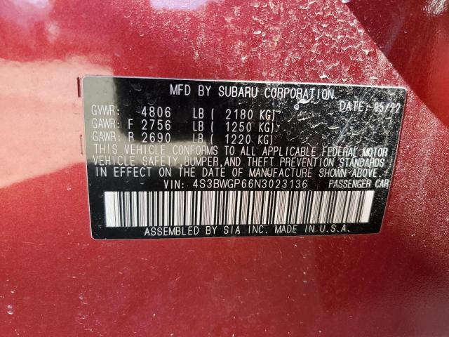 4S3BWGP66N3023136 - 2022 SUBARU LEGACY TOURING XT RED photo 12