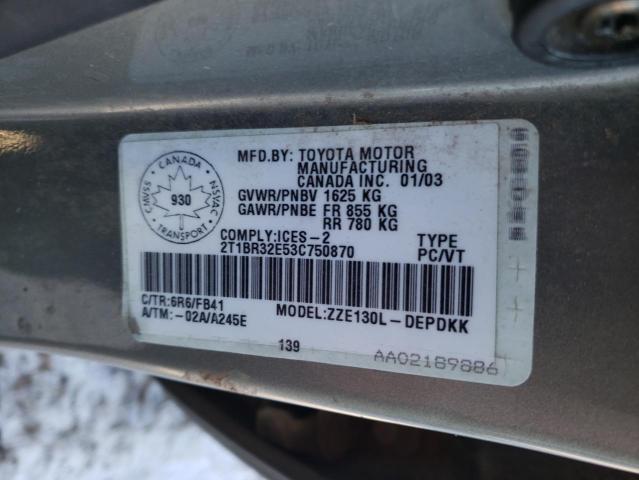 2T1BR32E53C750870 - 2003 TOYOTA COROLLA CE GRAY photo 12