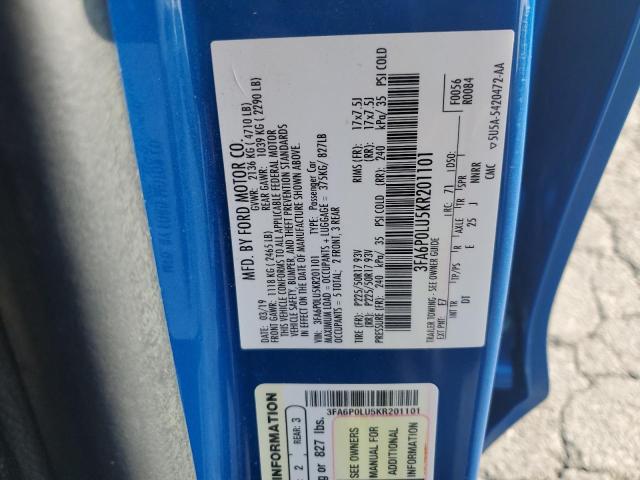 3FA6P0LU5KR201101 - 2019 FORD FUSION SE BLUE photo 12