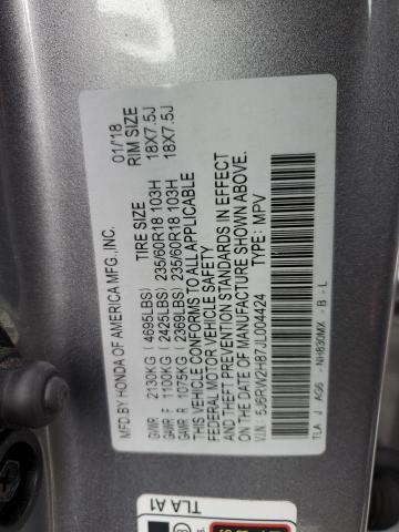 5J6RW2H87JL004424 - 2018 HONDA CR-V EXL SILVER photo 13