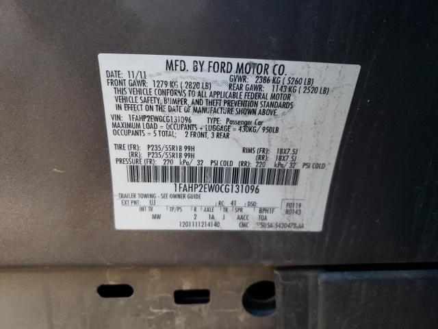 1FAHP2EW0CG131096 - 2012 FORD TAURUS SEL GRAY photo 12