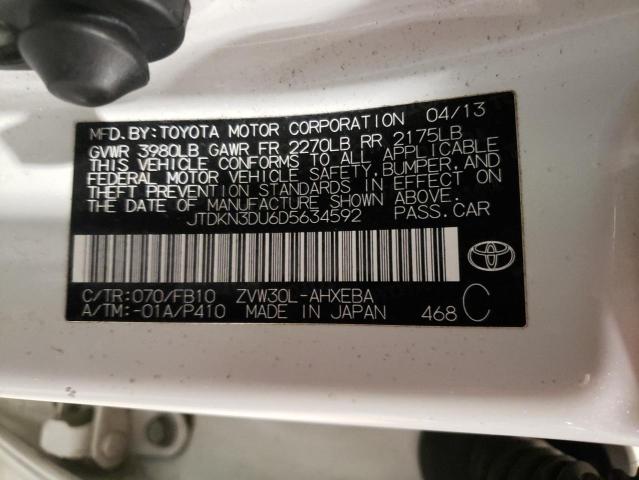 JTDKN3DU6D5634592 - 2013 TOYOTA PRIUS WHITE photo 12