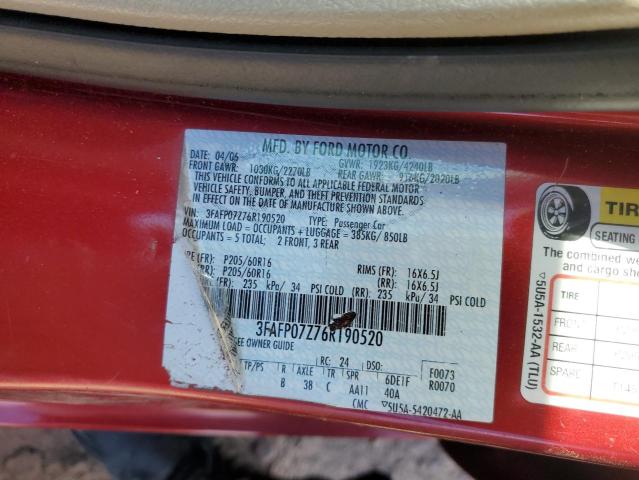 3FAFP07Z76R190520 - 2006 FORD FUSION SE RED photo 12