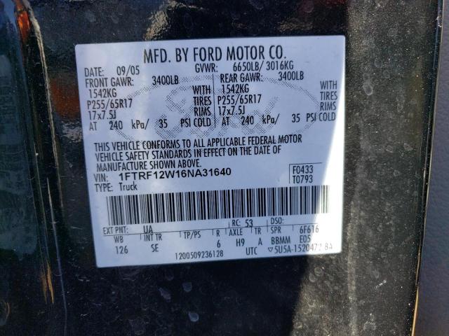 1FTRF12W16NA31640 - 2006 FORD F150 BLACK photo 12