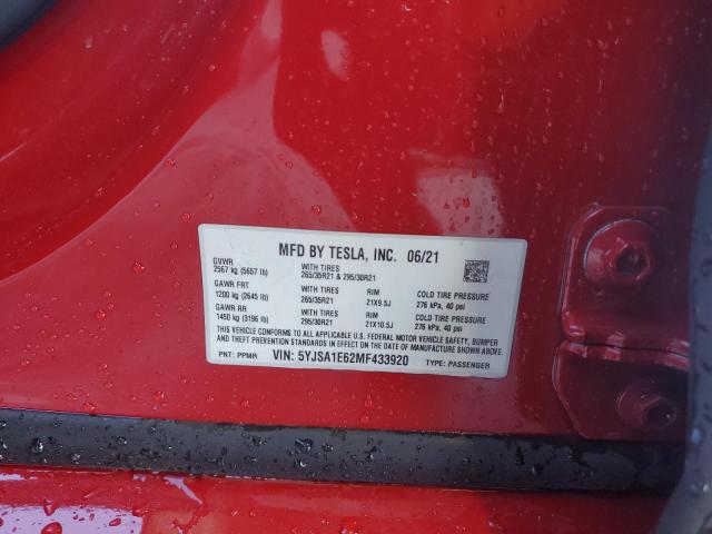 5YJSA1E62MF433920 - 2021 TESLA MODEL S წითელი ფოტო 12