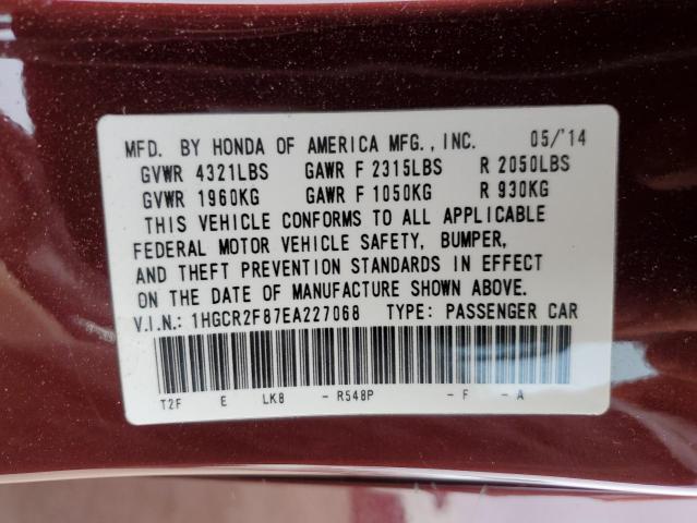 1HGCR2F87EA227068 - 2014 HONDA ACCORD EXL MAROON photo 12